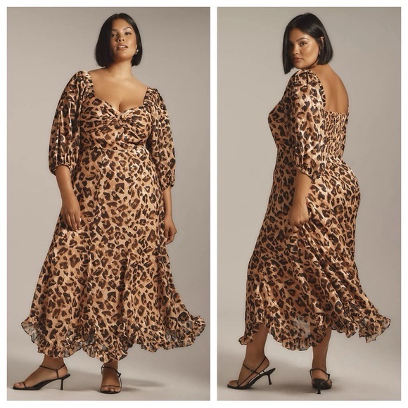 Anthropologie Dresses & Skirts - Anthropologie Hutch Leopard Cheetah‎ Twist Puff Sleeve Ruffle Hem Midi Dress 1X